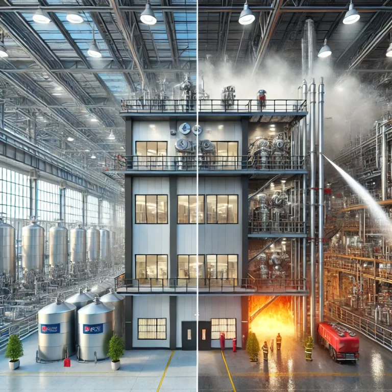 imagen Representa un escenario urbano con enfoque en sistemas de protección contra incendios y sostenibilidad. En el lado izquierdo, se observa un edificio industrial o comercial con sistemas visibles de protección contra incendios, como hidrantes y rociadores en acción, resaltando la seguridad y eficiencia. El lado derecho muestra un edificio similar sin medidas de protección visibles, lo que enfatiza el contraste entre ambas situaciones. En el fondo, la ciudad de Medellín está presente con su característico paisaje montañoso, representando un entorno realista para el contexto colombiano.